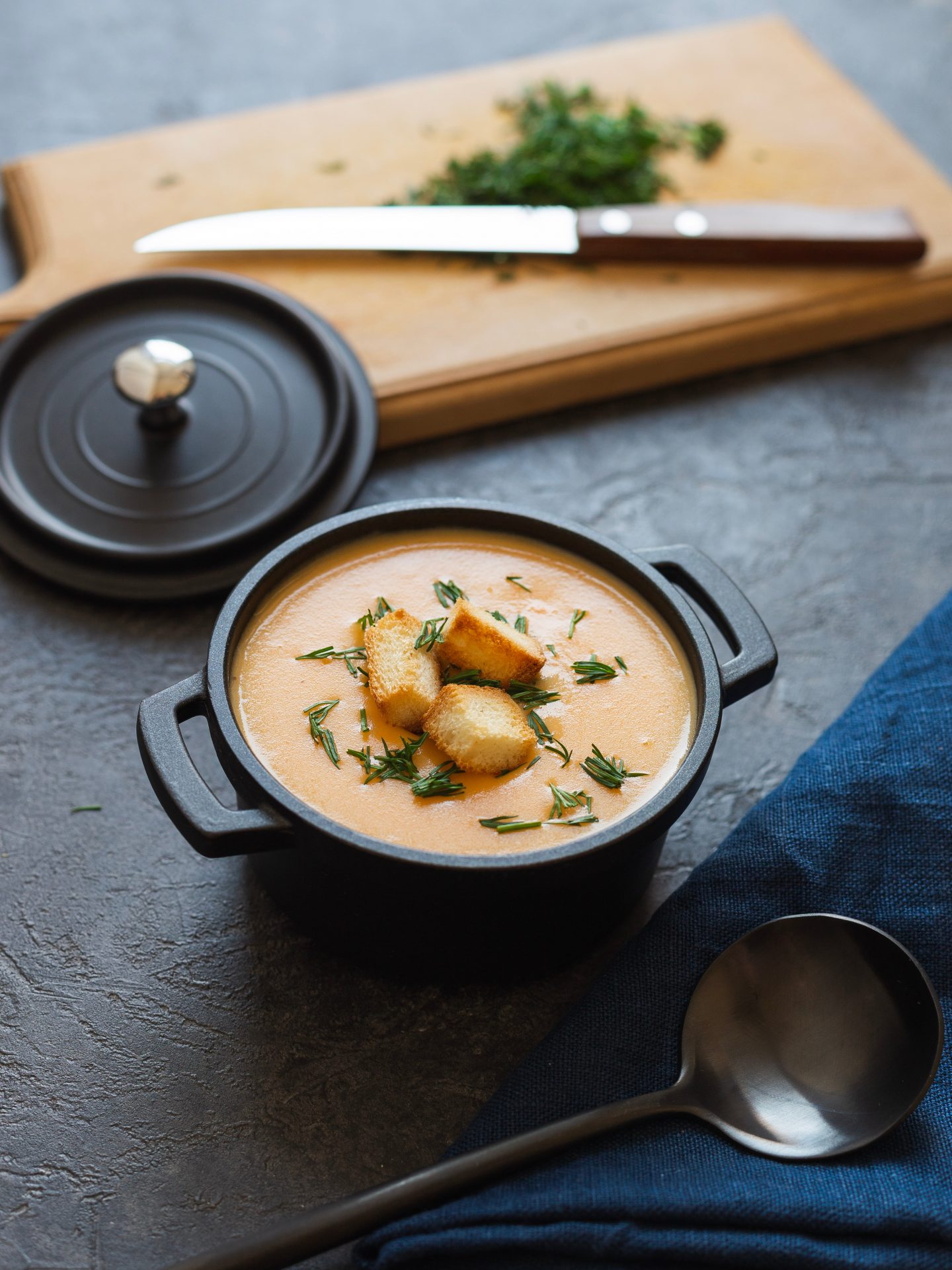 Carrot and coriander soup with wholemeal bun croutons